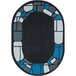 A marine blue oval area rug with a black square design in the middle.