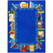 A blue rectangular area rug with a border of books and text in yellow.