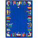 A multi-colored area rug with a picture of books on it.