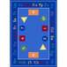 A multi-colored rectangular Joy Carpets area rug with letters and numbers in blue.
