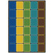 A colorful rectangular rug with colorful squares and a black border.