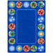 A blue rectangular rug with white lines and colorful circles and flowers.