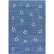 A blue rug with white stars on it.