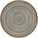 A round stone area rug with a brown border and gray and brown designs.