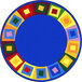 A round white area rug with a blue border and colorful squares inside.