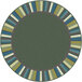 A Joy Carpets round area rug with a circular border and green, blue, and yellow stripes.
