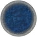 A round white rug with blue and grey circle designs.