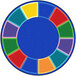 A Joy Carpets round area rug with multicolored squares and circles on a white background.