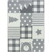 A white rectangular area rug with a gray patchwork pattern of bears and stars.