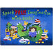 A multicolored area rug with cartoon characters including a girl reading a book.