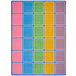A pastel area rug with colorful squares in blue, green, yellow, and pink.