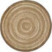 A Joy Carpets Feeling Natural sand and white circular area rug with a spiral pattern.