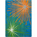 A blue rug with orange, green, and blue starbursts and white rays.