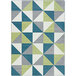 A Joy Carpets Claremont Calypso area rug with green, grey, and blue triangles on it.