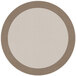 A round white and brown area rug with a beige border.
