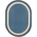A blue and white oval rug with a white border.