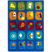 A white rectangle area rug with blue, red, and yellow squares containing numbers and letters.