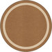 A round brown area rug with a white border.
