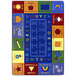 A colorful rectangle area rug with white text of letters and numbers on a white background.