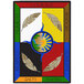 A multicolored rectangular area rug with the words peace, unity, and unity in colorful text and feathers.