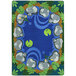 A multicolored rectangular area rug with a pattern of fish and turtles in a pond.