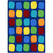 A blue rectangular area rug with multicolored squares in a yellow and blue square pattern.