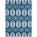 A blue and white Joy Carpets area rug with geometric patterns.