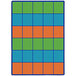A multicolored rectangular area rug with a square pattern in blue, green, and orange.