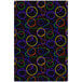 A black area rug with colorful circles on it.