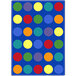 A blue rectangle rug with multicolored circles on it.