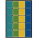 A colorful rectangular area rug with squares in different colors and a black border.