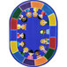 An oval multi-colored area rug with cartoon children in a circle.
