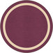 A round beige area rug with a purple center and white border.