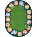 A multicolored oval rug with a green border and a tree and flower design.