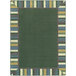 A green area rug with a border and colorful stripes.