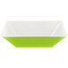 A white rectangular melamine bowl with a green interior and lid.