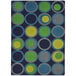 A navy rectangle area rug with green, yellow, and blue circles with grey and white accents.