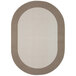 A neutral oval rug with a white border.