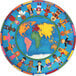 A round multi-colored area rug with cartoon children from around the world holding hands.