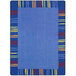 A blue rug with multicolored stripes.