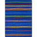 A blue Joy Carpets Kid Essentials area rug with multicolored stripes in blue, orange, and green.