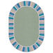 An oval sage green area rug with blue, green, and yellow stripes and a border.