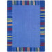 A blue area rug with multicolored stripes.