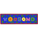 A blue rectangular rug with colorful leaves and letters on it.