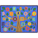 A white rectangle area rug with colorful leaves and letters on it.