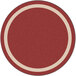 A round red area rug with a white circle border.