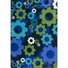 A violet rectangular area rug with a pattern of blue and green gears.
