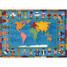 A multi-colored rectangular area rug with cartoon characters holding hands around the world.