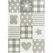 A Joy Carpets area rug with a grey and white patchwork design including a butterfly, star, and flower.