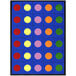 A blue rectangular area rug with multicolored dots in circles on it.